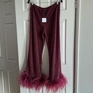 Oseree Burgundy Feather Trim Flare Pants